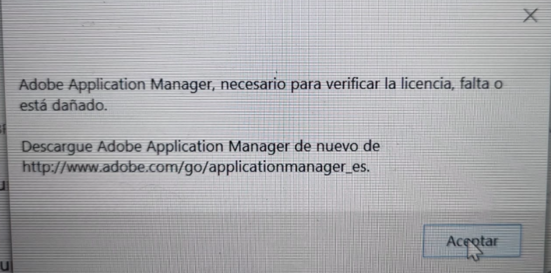 Adobe Application Manager, necesario para verificar la licencia, falta
